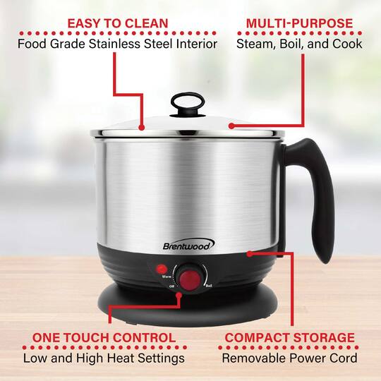 Brentwood Black 1.3qt. 600 Watt Stainless Steel Cordless Electric Hot Pot Cooker & Food Steamer With Swivel Base